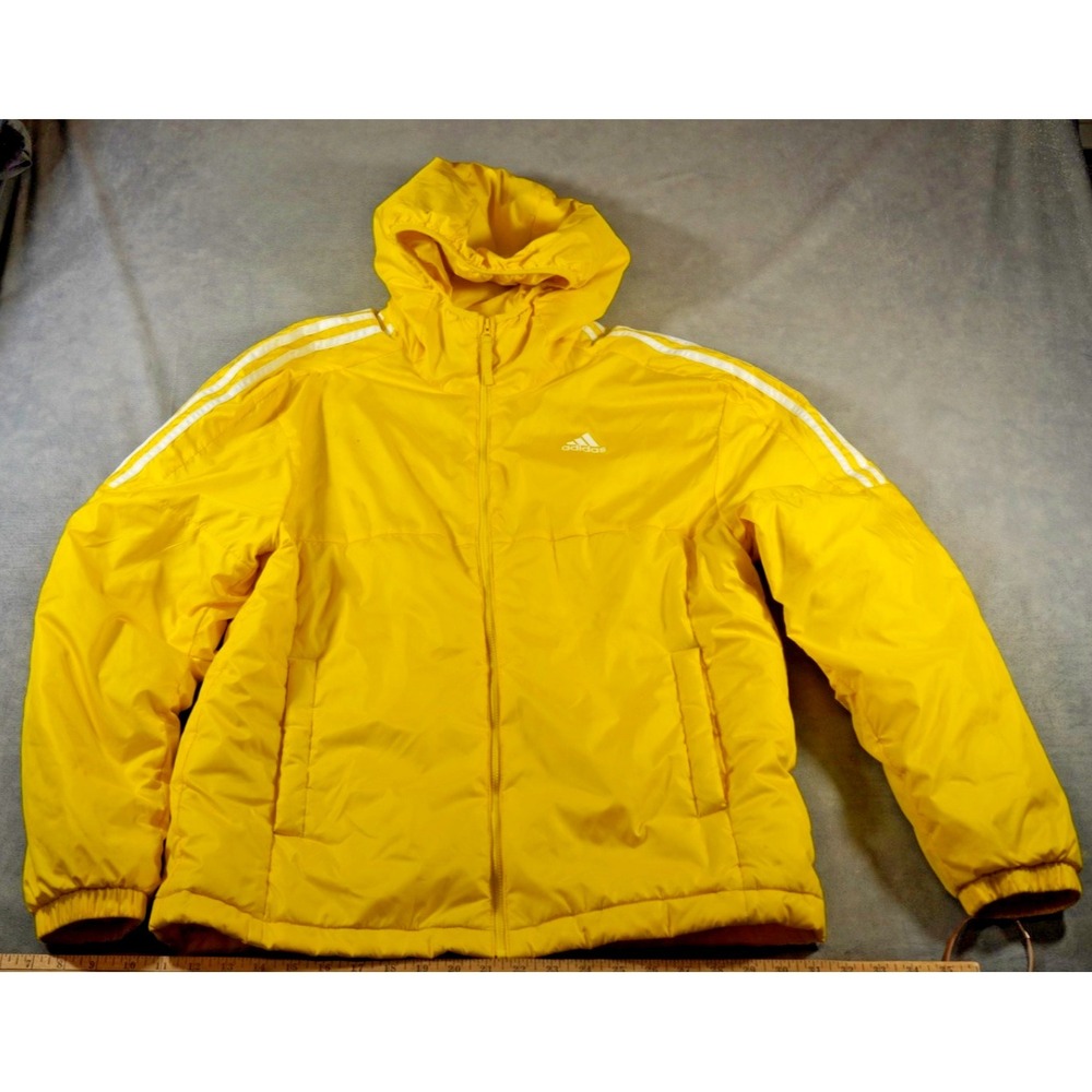 Adidas Primegreen Jacket Mens M Yellow 3-Stripes Hooded Puffer Full Zip Pockets